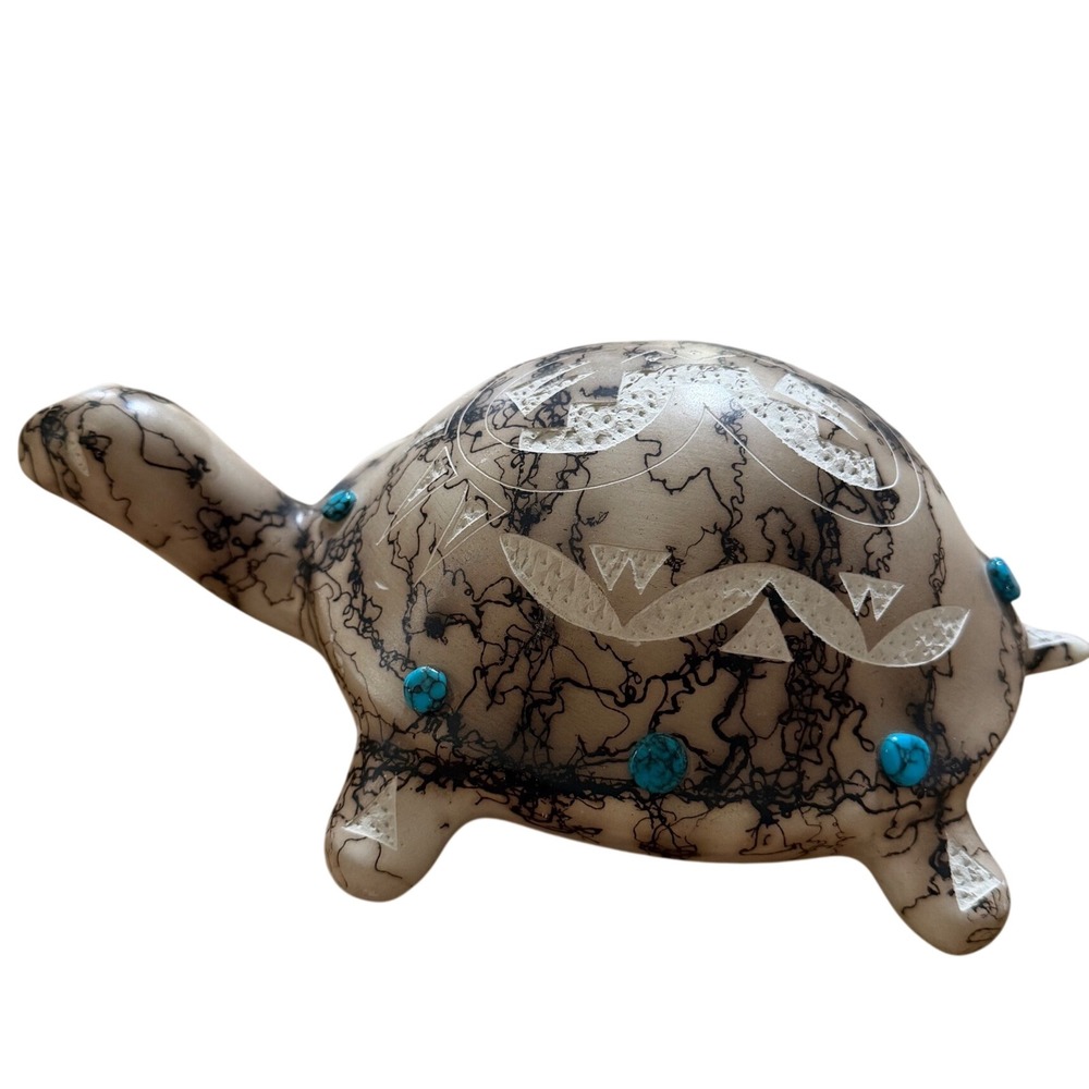 Navajo Horse Hair Pottery Turtle Figurine Etched Turquoise Accents 9 In Native